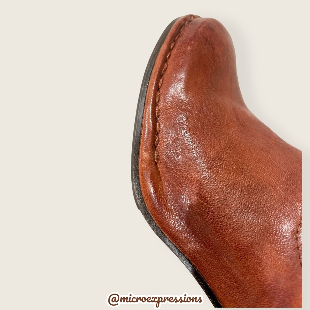 Frye Lucinda Scrunch Real Cognac Brown Leather Stretchy Heeled Short Ankle Boot - Picture 14 of 15